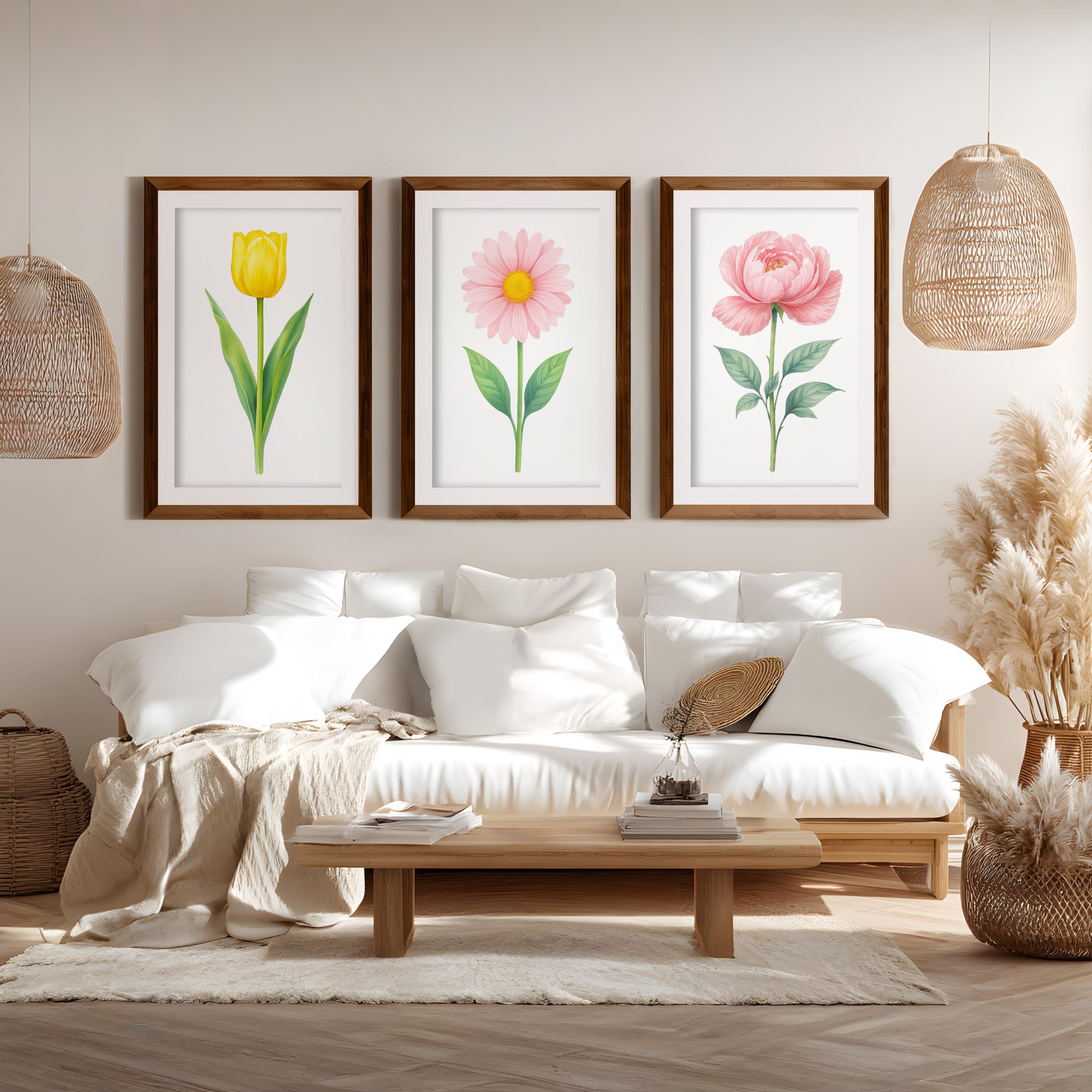 Floral Prints – Tulip, Daisy and Peony Pastel Botanical Wall Art Set of 3
 - Dark Brown Framed Poster with White Border - Artworksets