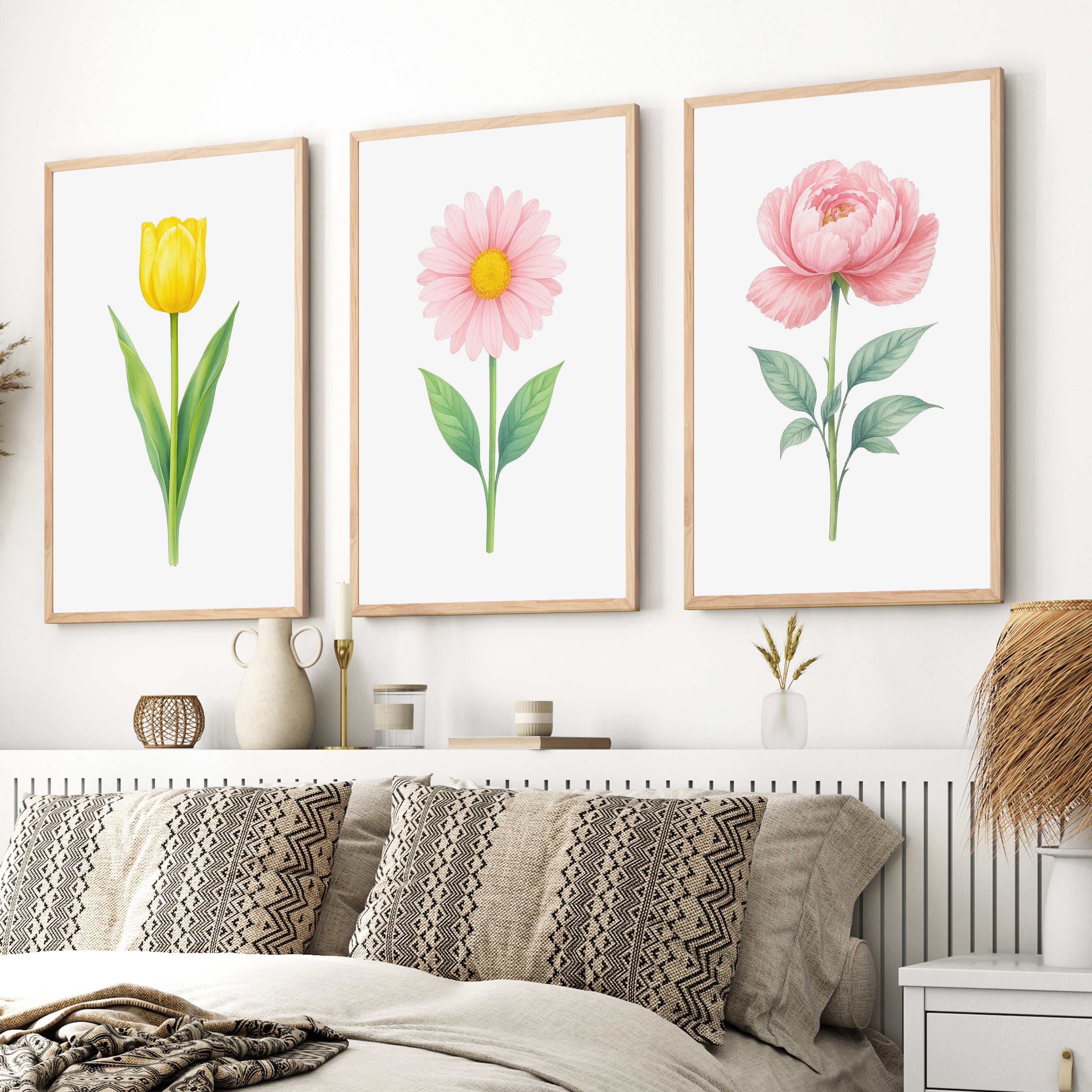 Floral Prints – Tulip, Daisy and Peony Pastel Botanical Wall Art Set of 3
 - Natural Wood Framed Poster No Border - Artworksets