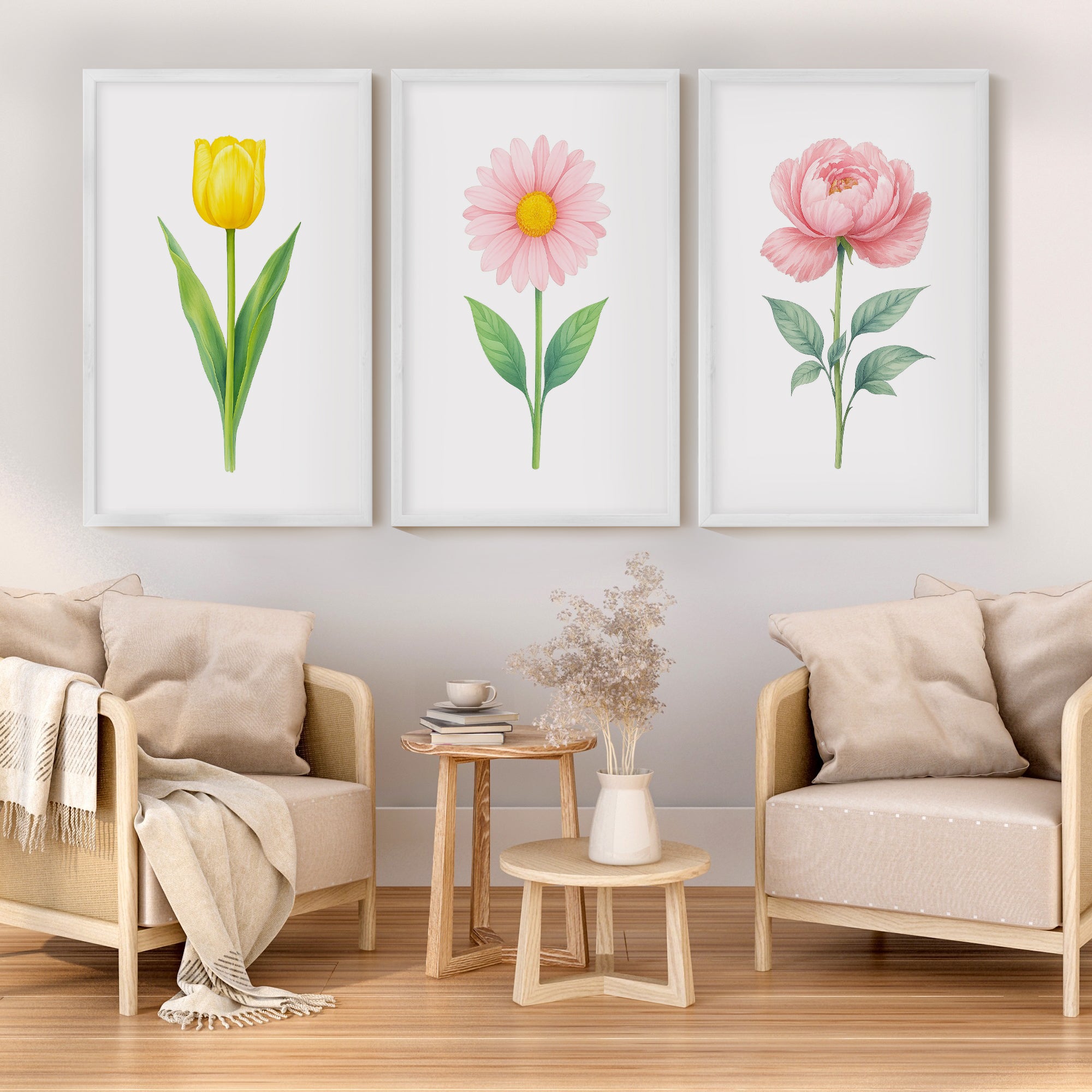 Floral Prints – Tulip, Daisy and Peony Pastel Botanical Wall Art Set of 3
 - White Framed Poster No Border - Artworksets