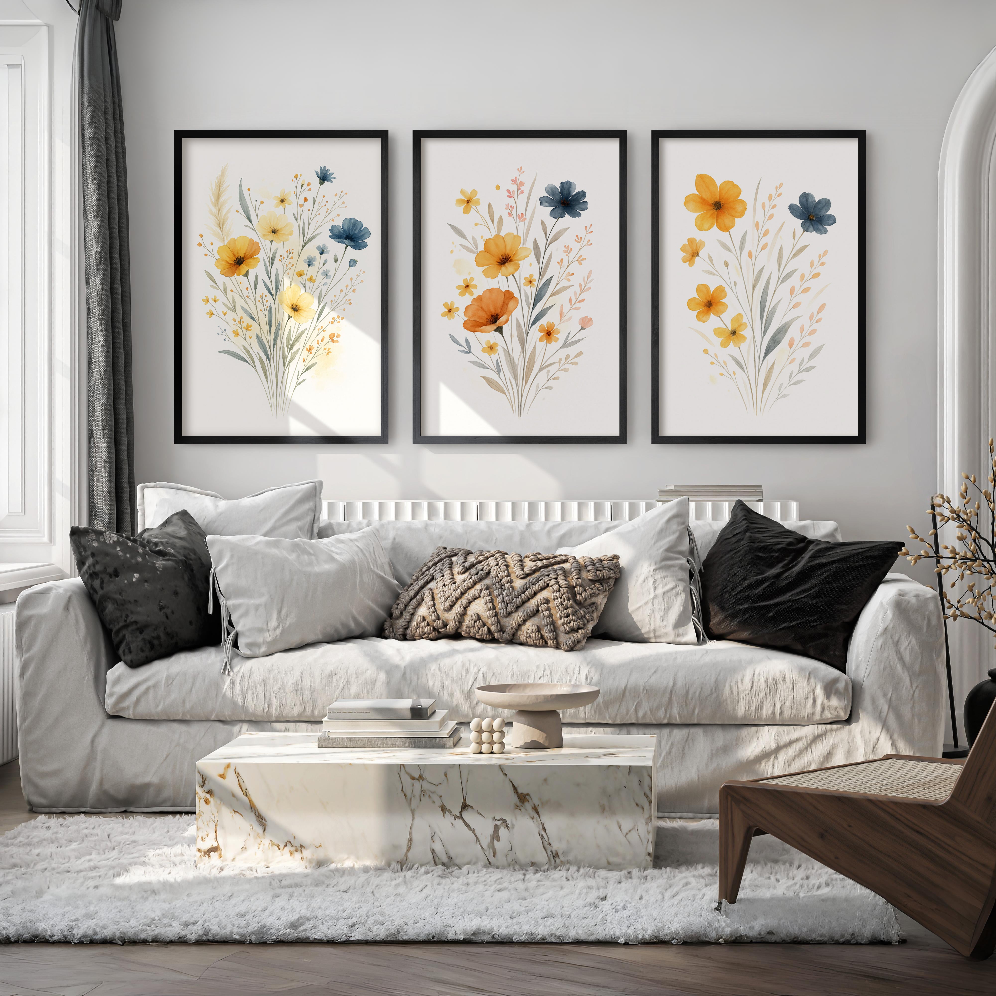 Floral Wall Art – Art Poster Decor Set (3 Pieces) - Black Framed Poster No Border - Artworksets