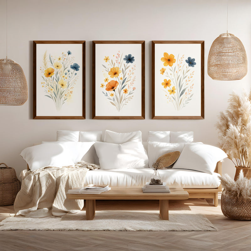 Floral Wall Art – Art Poster Decor Set (3 Pieces) - Dark Brown Framed Poster No Border - Artworksets