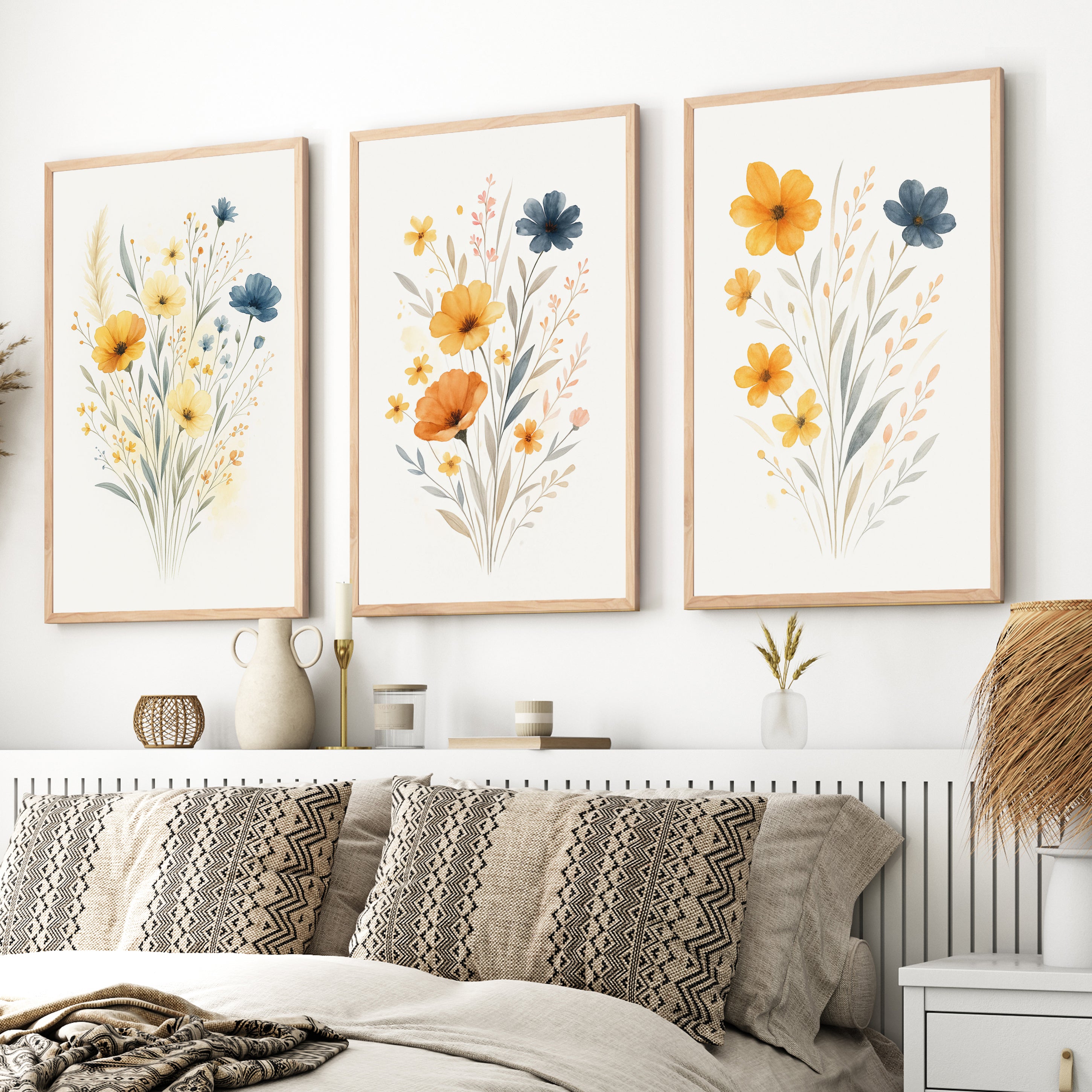 Floral Wall Art – Art Poster Decor Set (3 Pieces) - Natural Wood Framed Poster No Border - Artworksets