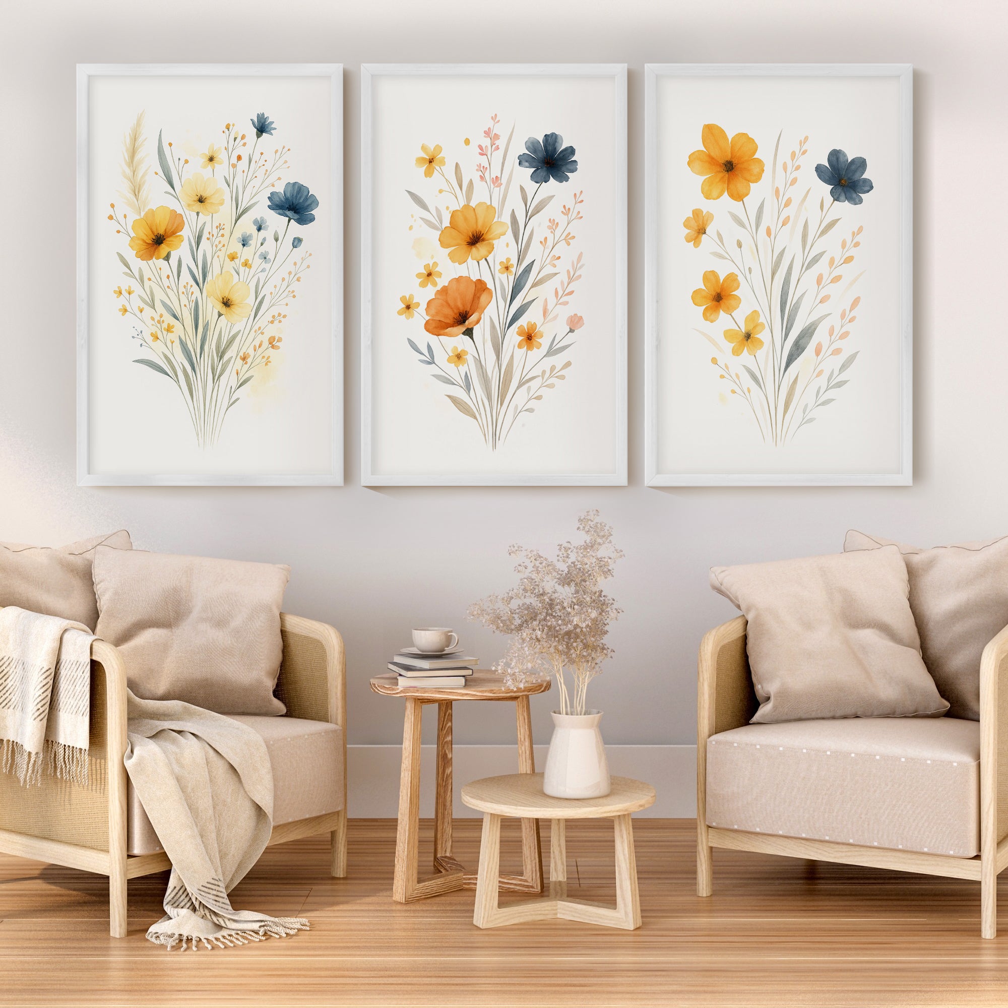 Floral Wall Art – Art Poster Decor Set (3 Pieces) - White Framed Poster No Border - Artworksets
