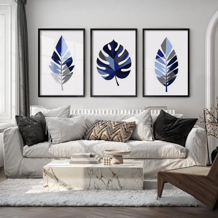 Blue Botanical Leaf Art – Floral Wall Painting Set of 3 - Black Framed Poster No Border - Artworksets