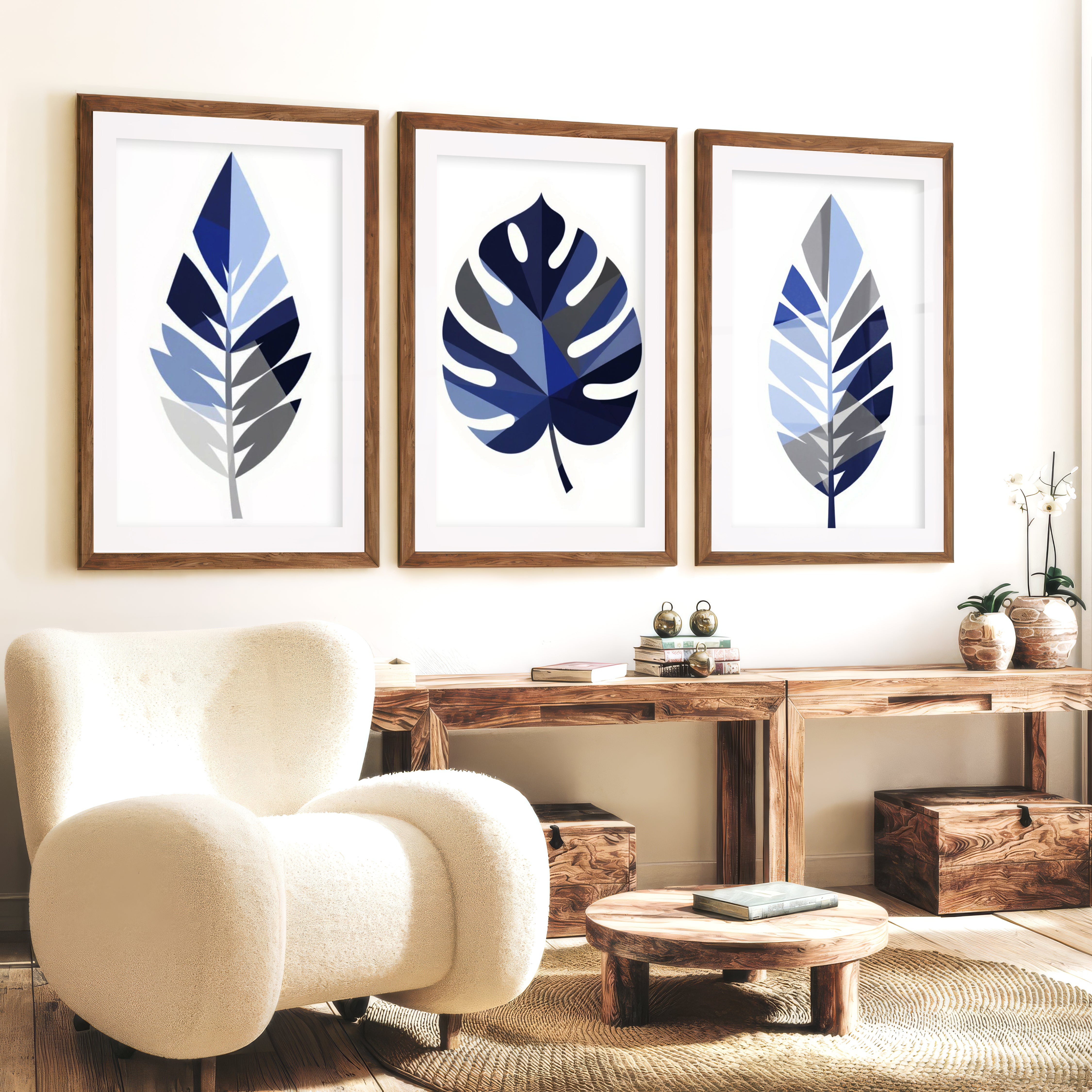 Blue Botanical Leaf Art – Floral Wall Painting Set of 3 - Dark Brown Framed Poster with White Border - Artworksets