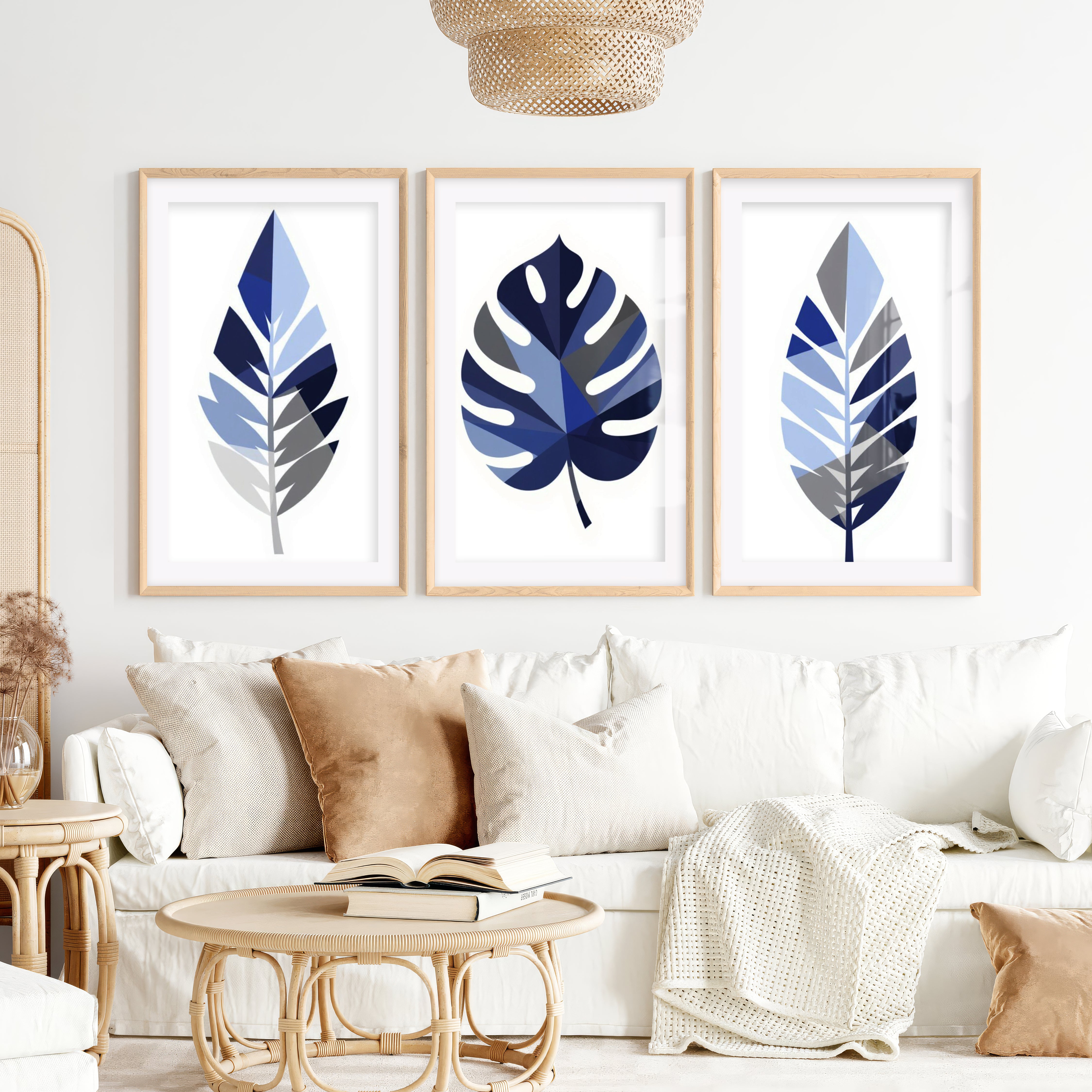 Blue Botanical Leaf Art – Floral Wall Painting Set of 3- Natural Wood Framed Poster with White Border - Artworksets