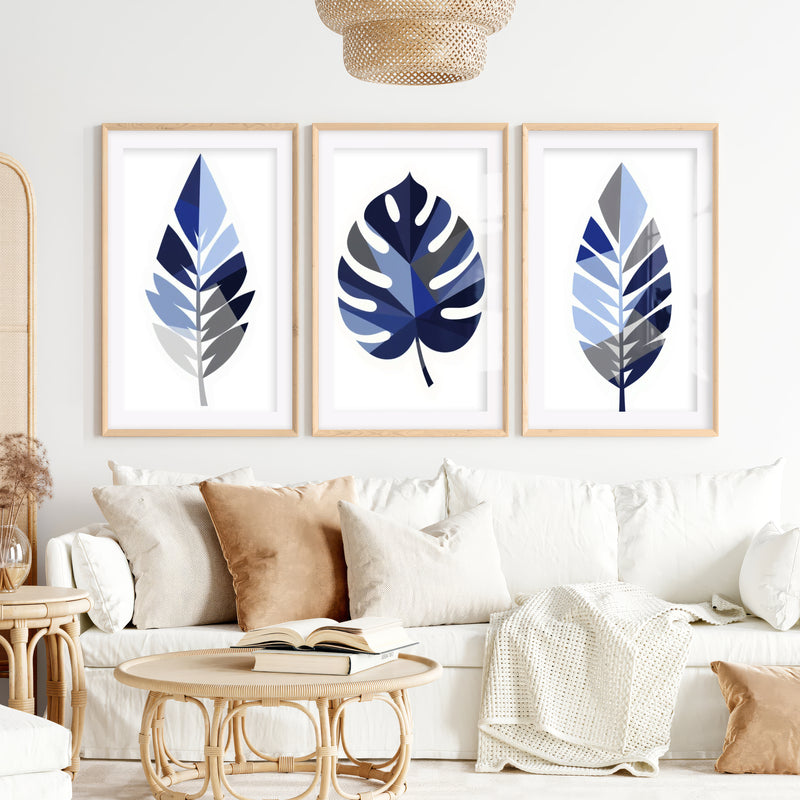 Blue Botanical Leaf Art – Floral Wall Painting Set of 3- Natural Wood Framed Poster with White Border - Artworksets