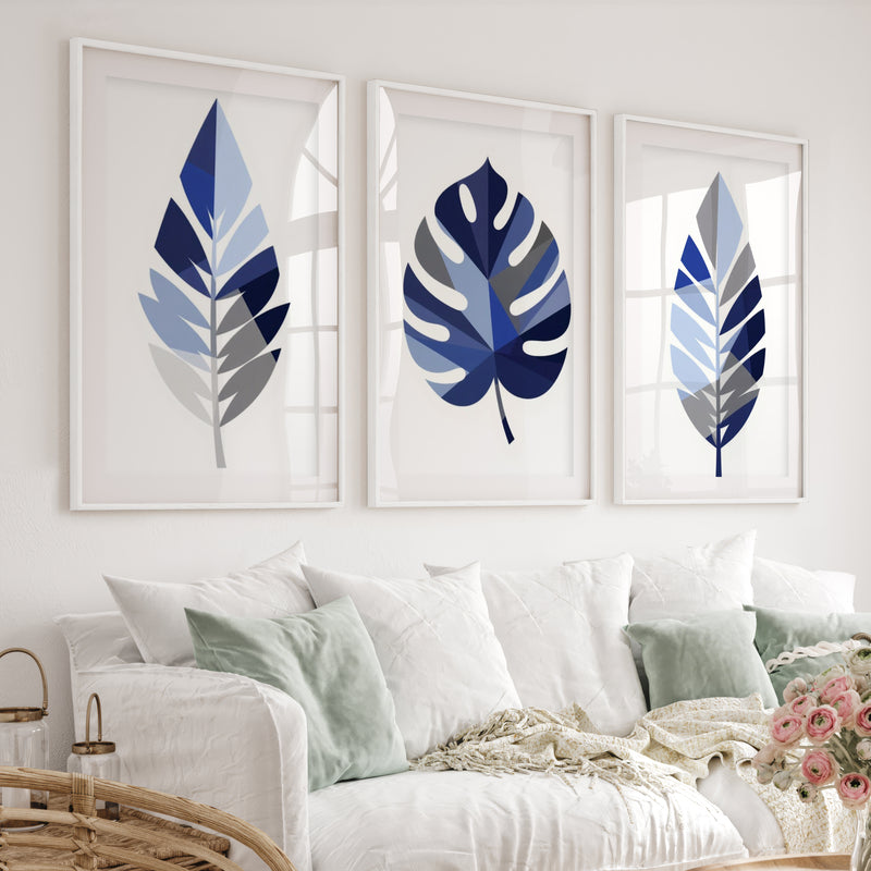 Blue Botanical Leaf Art – Floral Wall Painting Set of 3 - White Framed Poster with White Border - Artworksets