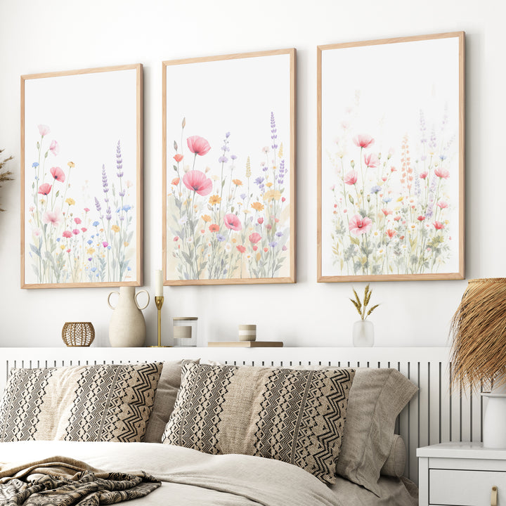 Flower Art Prints – Watercolor Wildflowers Set of 3

 - Natural Wood Framed Poster No Border - Artworksets