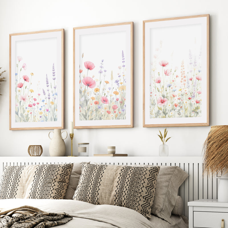 Flower Art Prints – Watercolor Wildflowers Set of 3

- Natural Wood Framed Poster with White Border - Artworksets