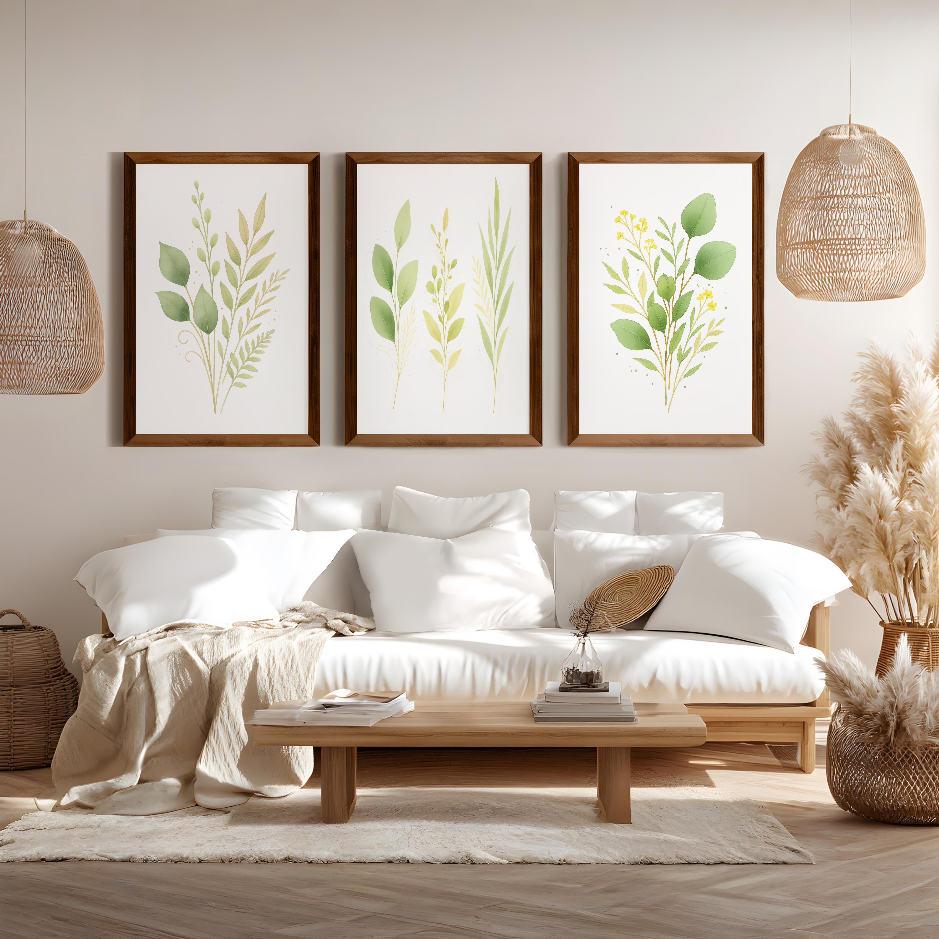 Flower Art Wall – Green Leaves Botanical Set of 3

 - Dark Brown Framed Poster No Border - Artworksets