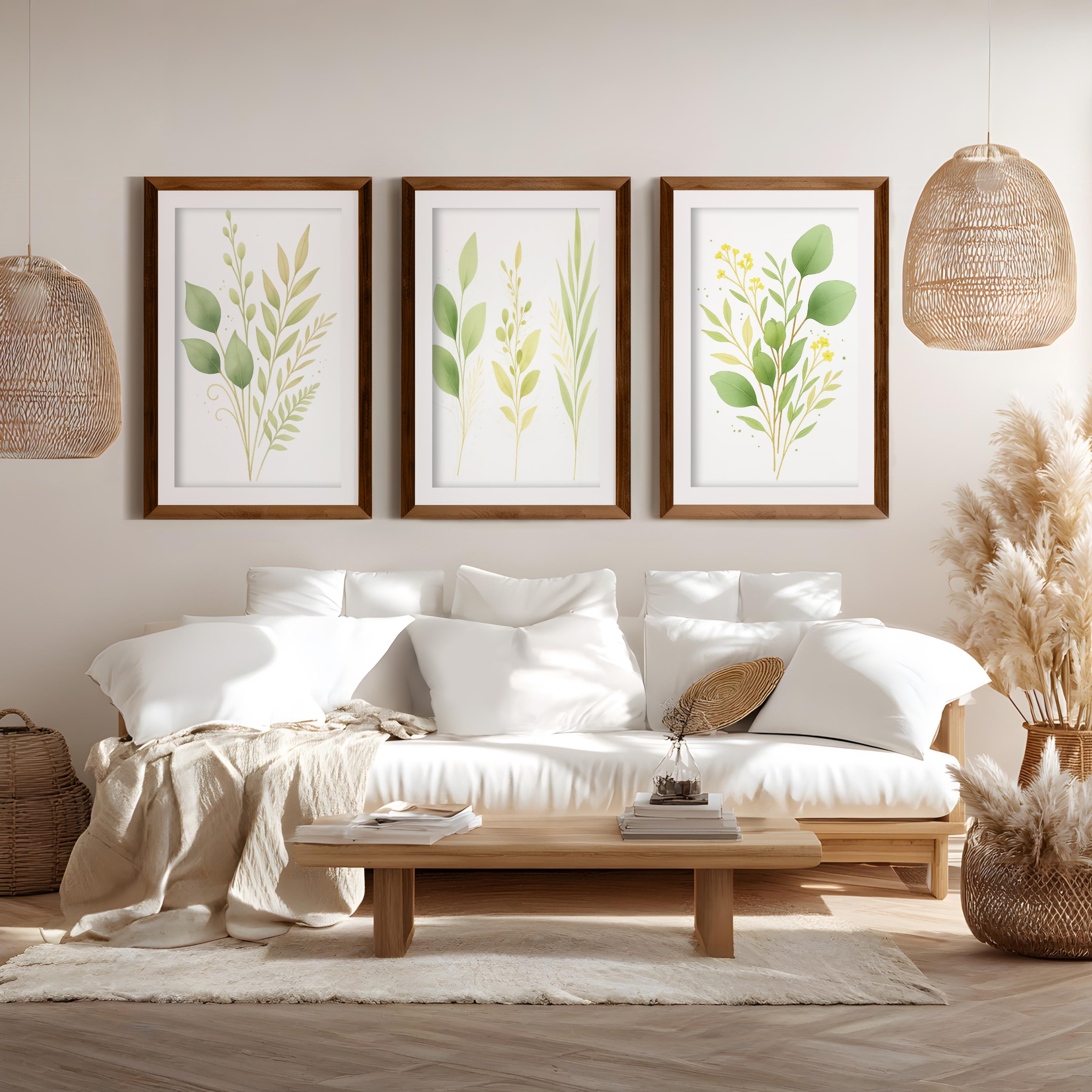 Flower Art Wall – Green Leaves Botanical Set of 3

 - Dark Brown Framed Poster with White Border - Artworksets