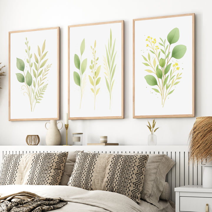Flower Art Wall – Green Leaves Botanical Set of 3

 - Natural Wood Framed Poster No Border - Artworksets