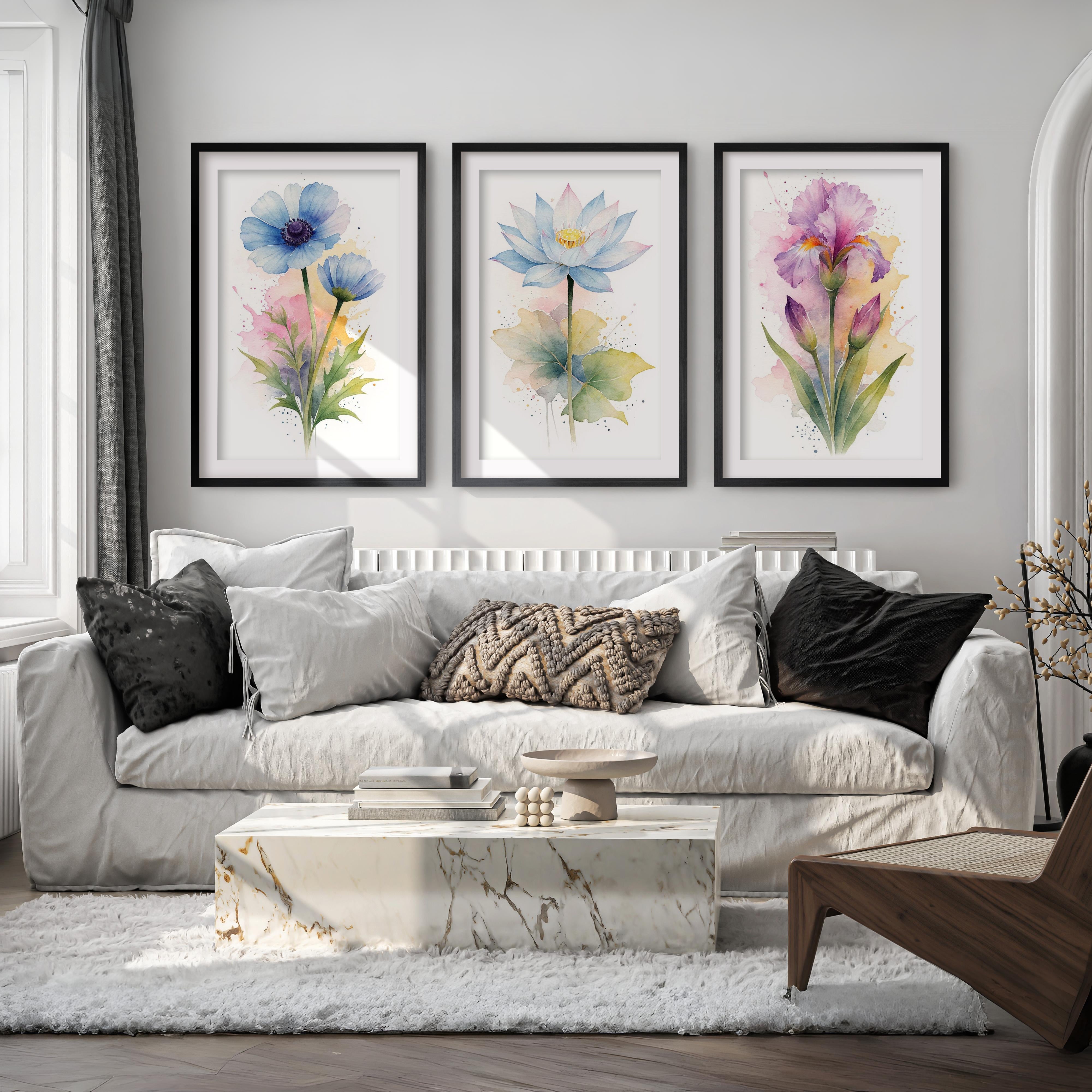 Flower Framed Art – Watercolor Botanical Set of 3

 - Black Framed Poster with White Border - Artworksets