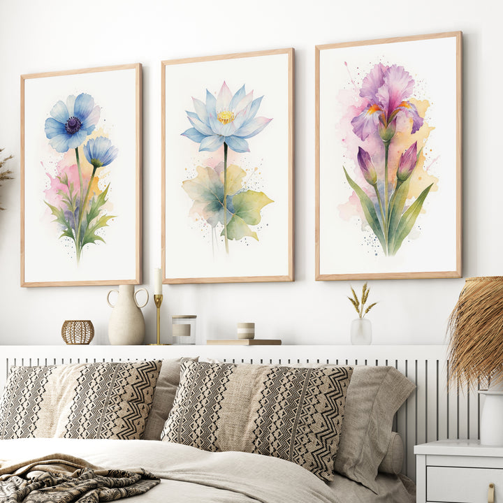 Flower Framed Art – Watercolor Botanical Set of 3

 - Natural Wood Framed Poster No Border - Artworksets