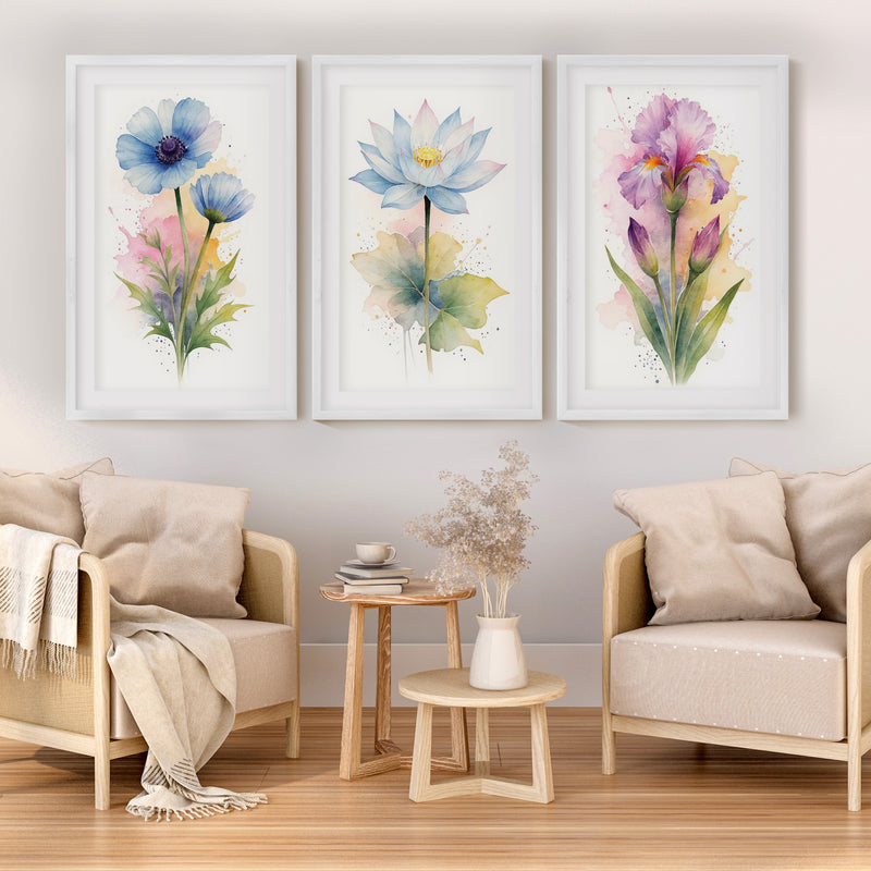 Flower Framed Art – Watercolor Botanical Set of 3

 - White Framed Poster with White Border - Artworksets