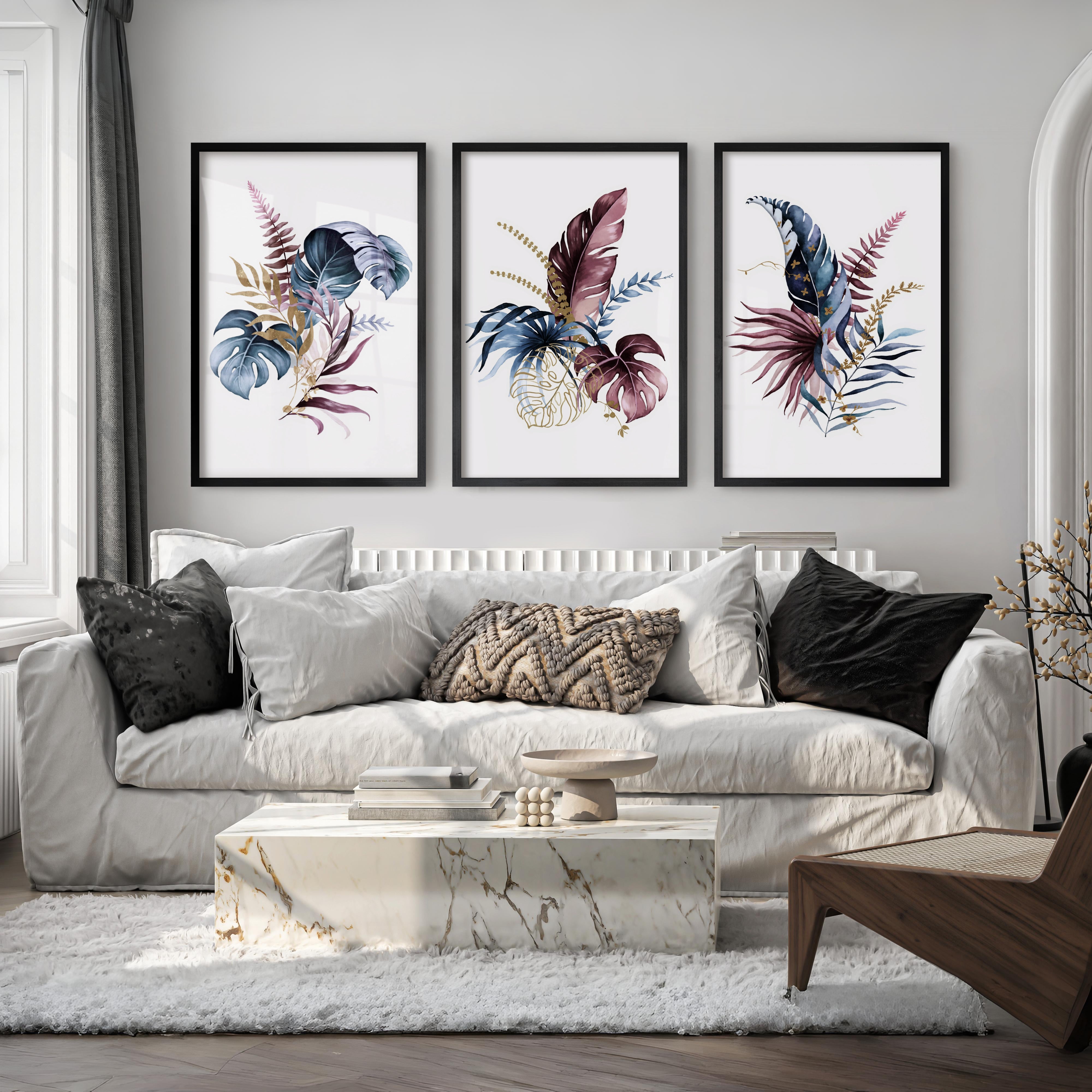 Flower Wall Art Colorful Botanical Leaf Set of 3 - Black Framed Poster No Border - Artworksets