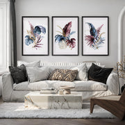 Flower Wall Art Colorful Botanical Leaf Set of 3 - Black Framed Poster with White Border - Artworksets