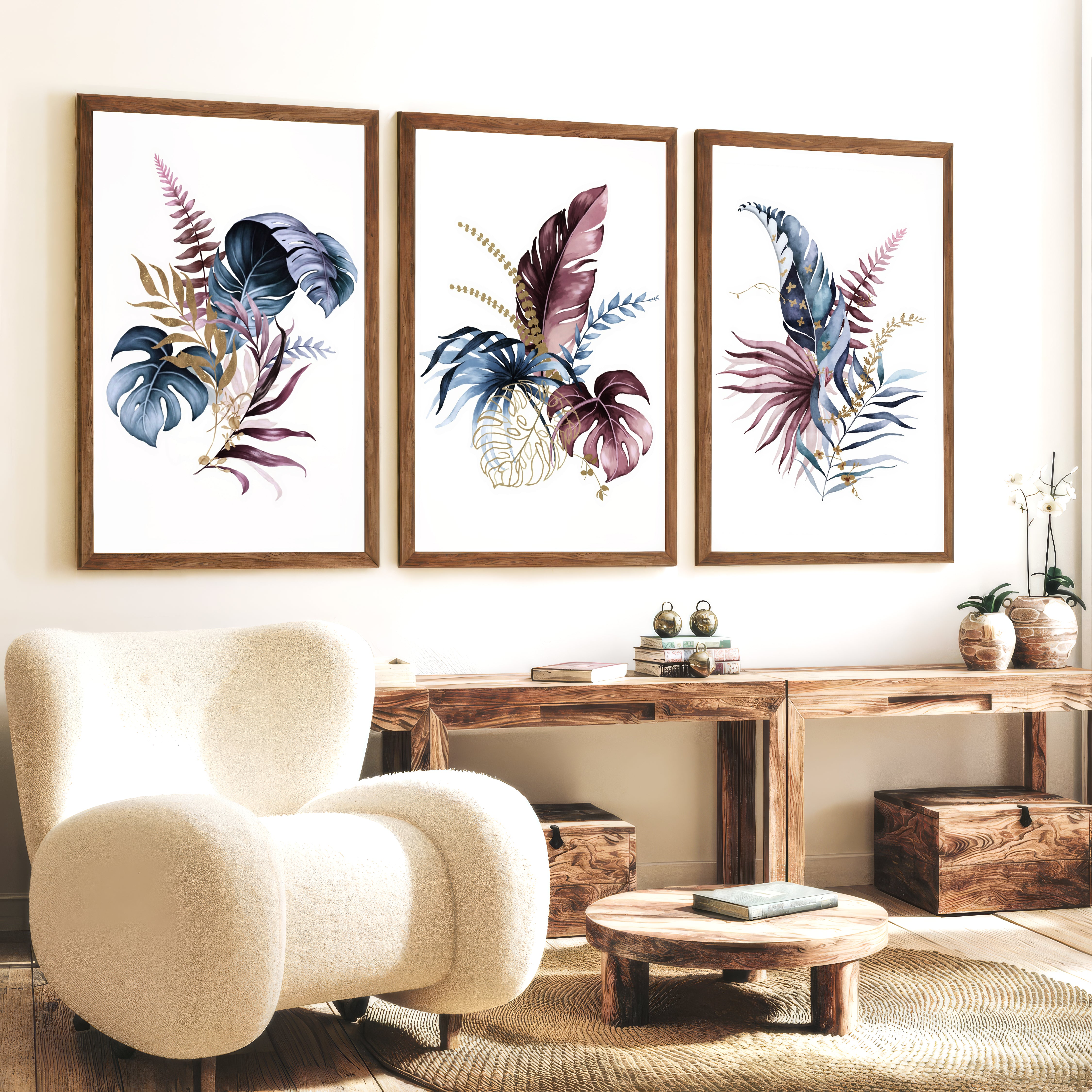 Flower Wall Art Colorful Botanical Leaf Set of 3 - Dark Brown Framed Poster No Border - Artworksets