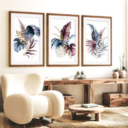 Flower Wall Art Colorful Botanical Leaf Set of 3 - Dark Brown Framed Poster with White Border - Artworksets