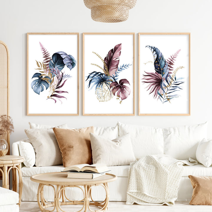 Flower Wall Art Colorful Botanical Leaf Set of 3 - Natural Wood Framed Poster No Border - Artworksets