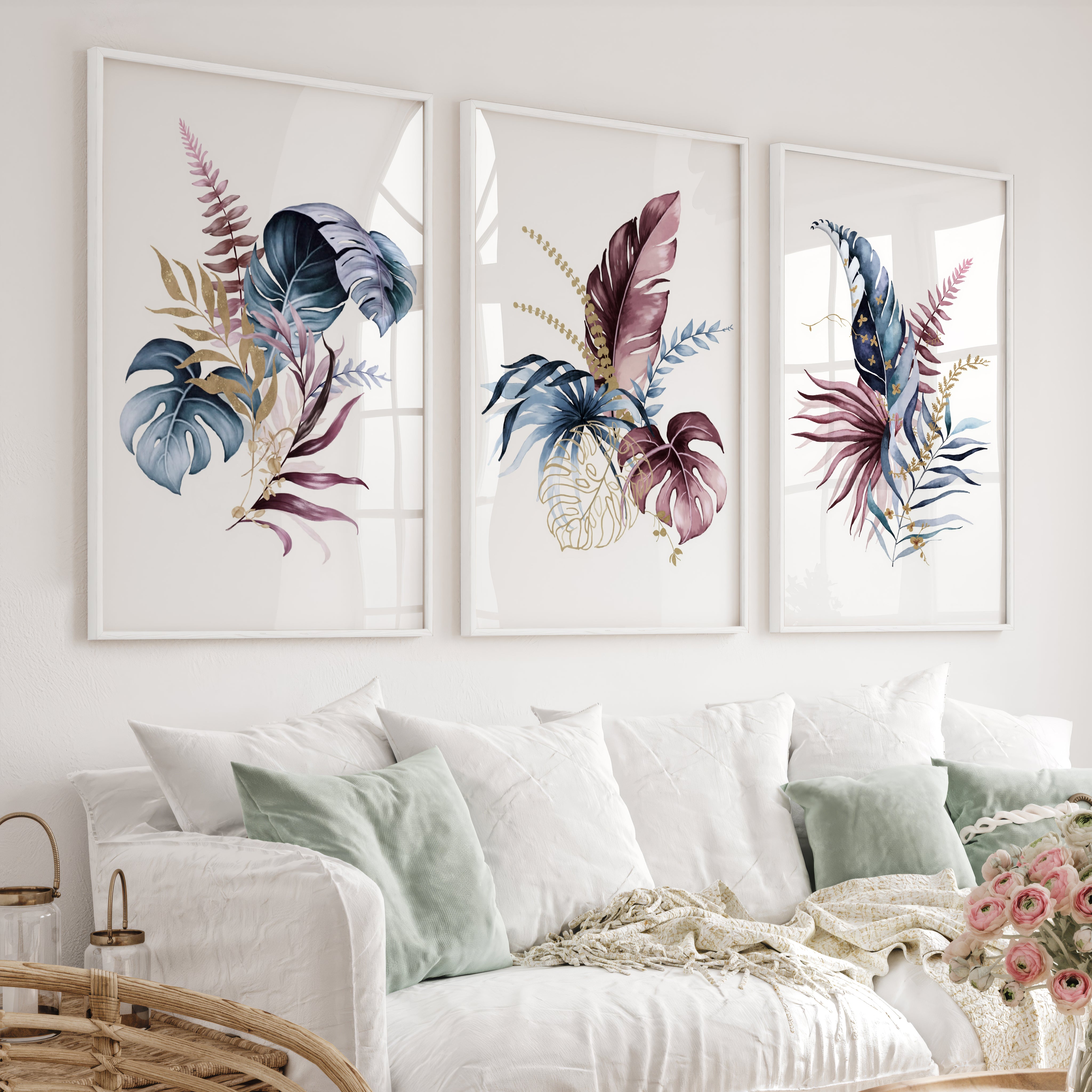 Flower Wall Art Colorful Botanical Leaf Set of 3 - White Framed Poster No Border - Artworksets