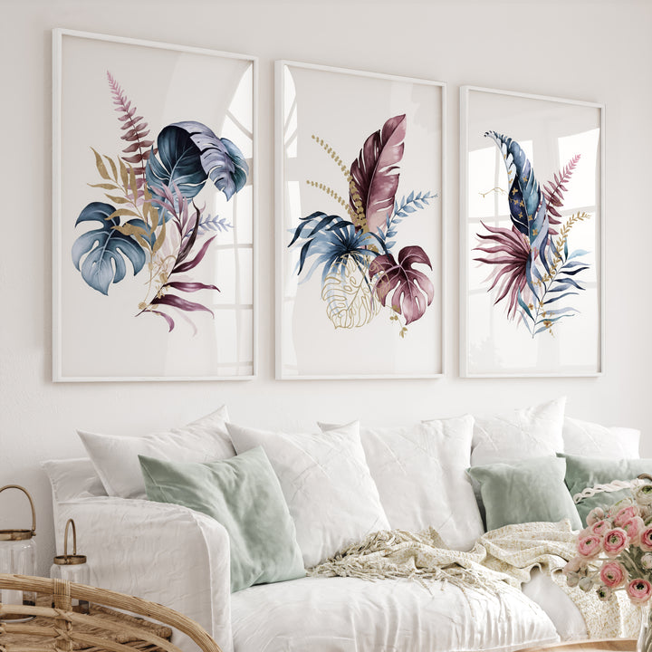 Flower Wall Art Colorful Botanical Leaf Set of 3 - White Framed Poster No Border - Artworksets