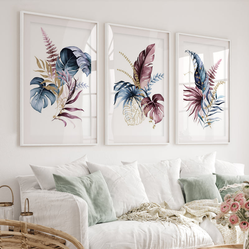 Flower Wall Art Colorful Botanical Leaf Set of 3 - White Framed Poster with White Border - Artworksets