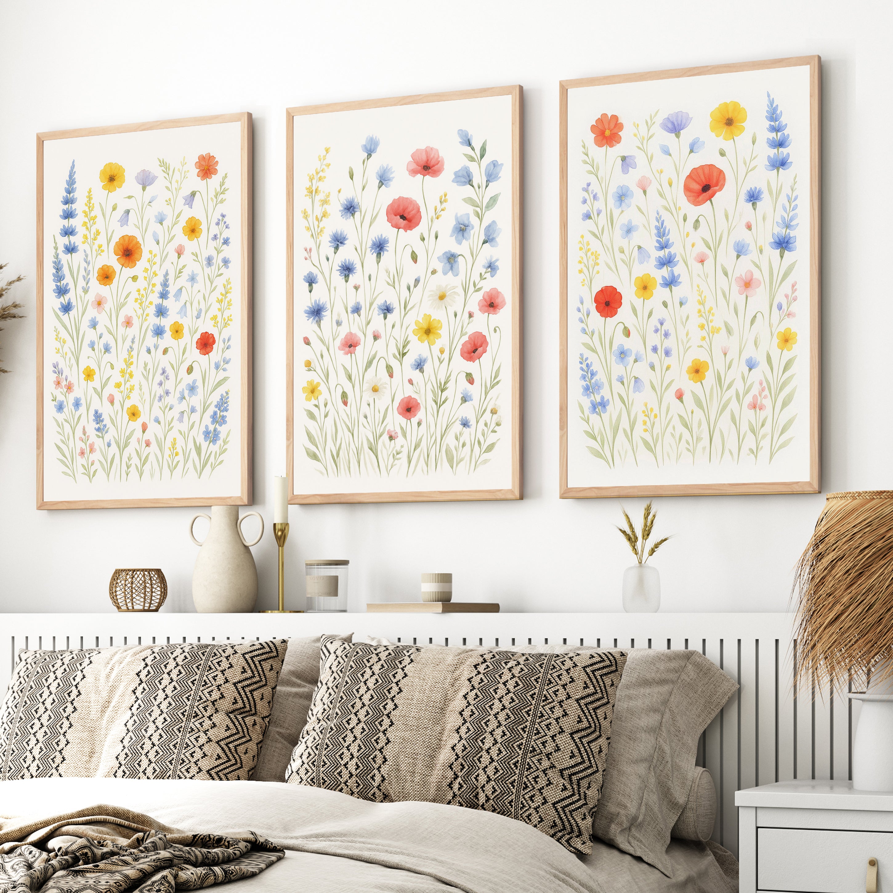 Flower Wall Art – Prints Set of 3
 - Natural Wood Framed Poster No Border - Artworksets