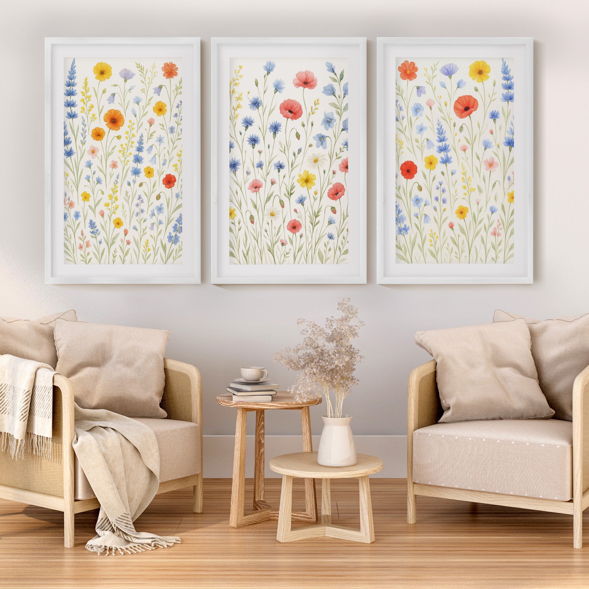 Flower Wall Art – Prints Set of 3
 - White Framed Poster with White Border - Artworksets
