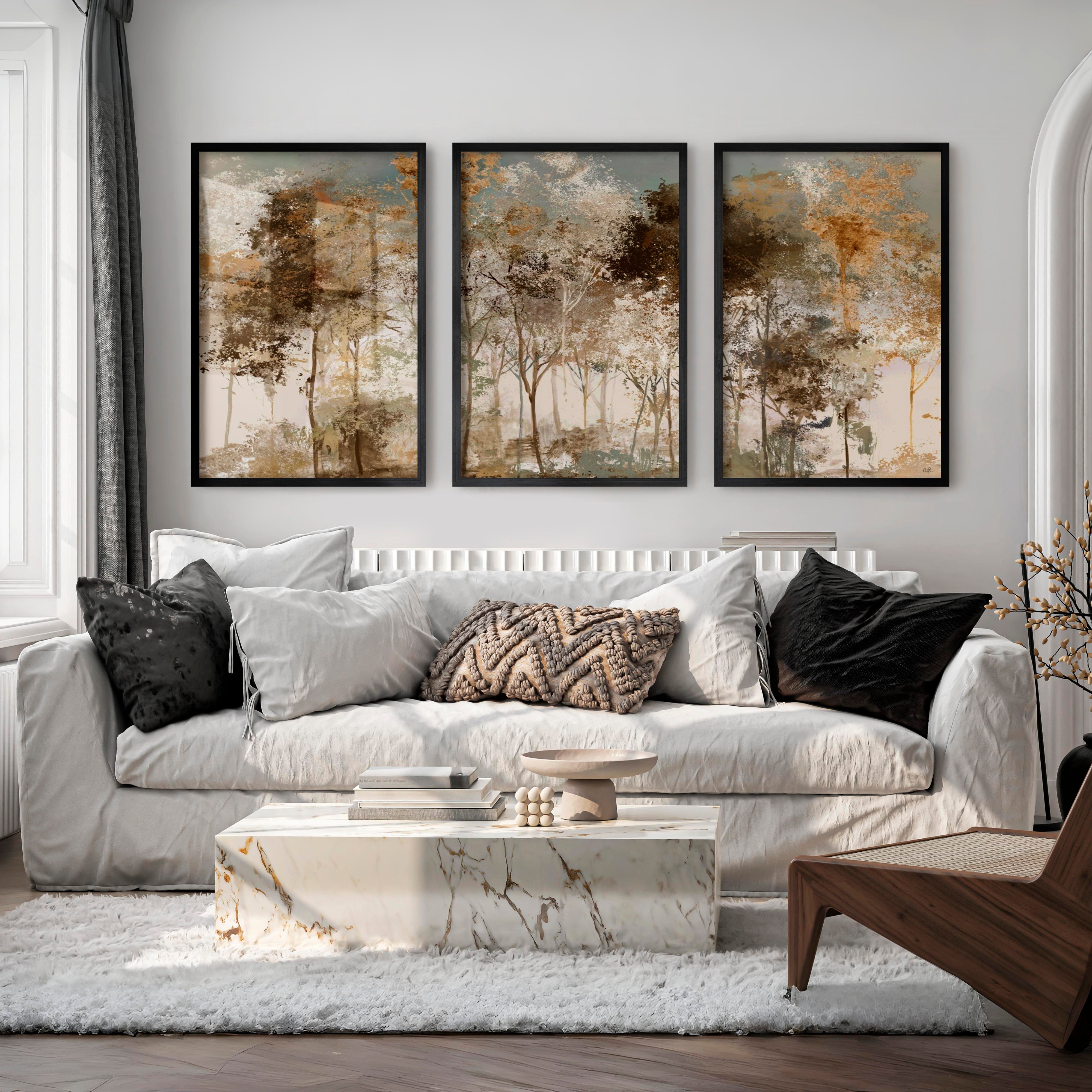 Forest Abstract Painting – Neutral Woodland Wall Art - Black Framed Poster No Border - Artworksets