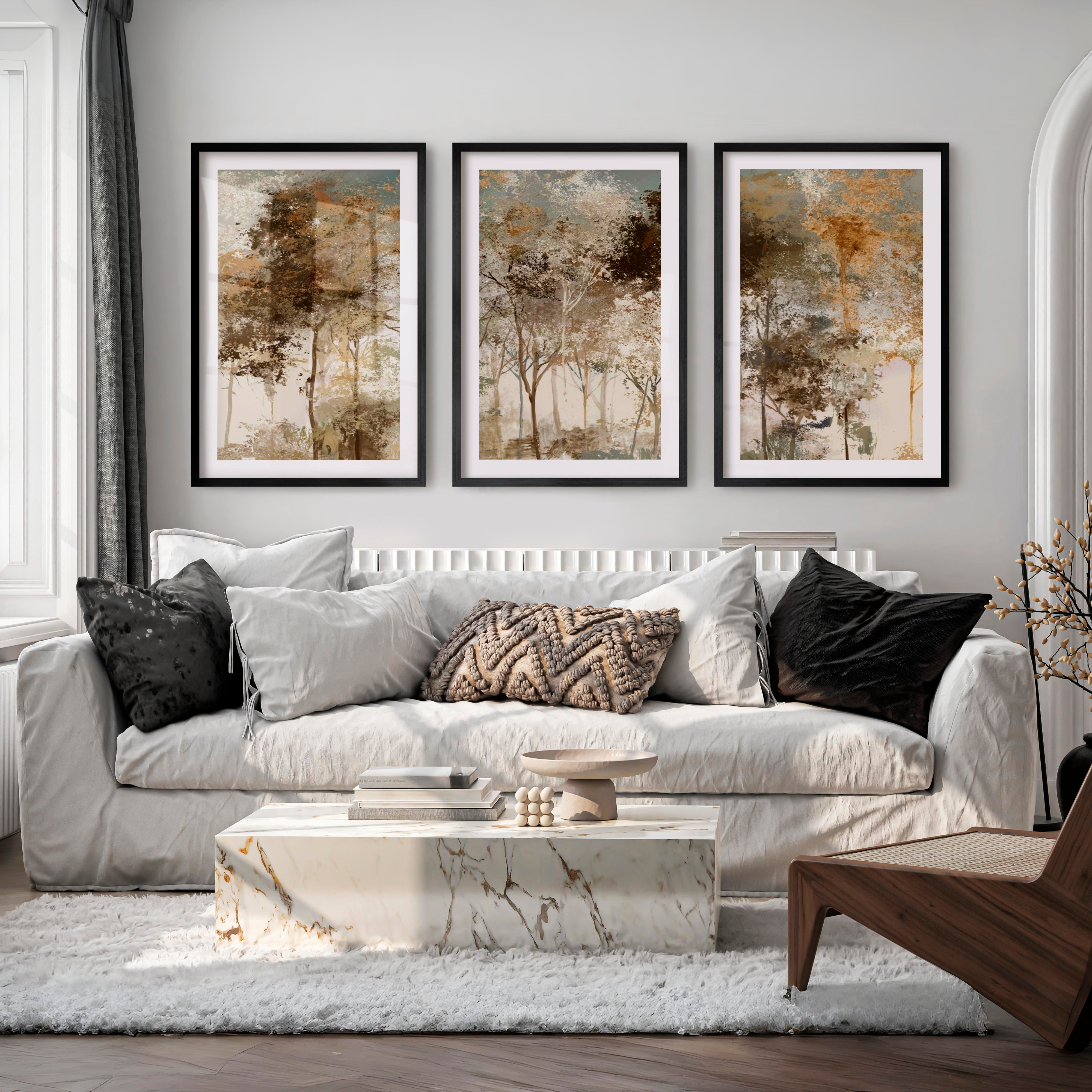 Forest Abstract Painting – Neutral Woodland Wall Art - Black Framed Poster with White Border - Artworksets
