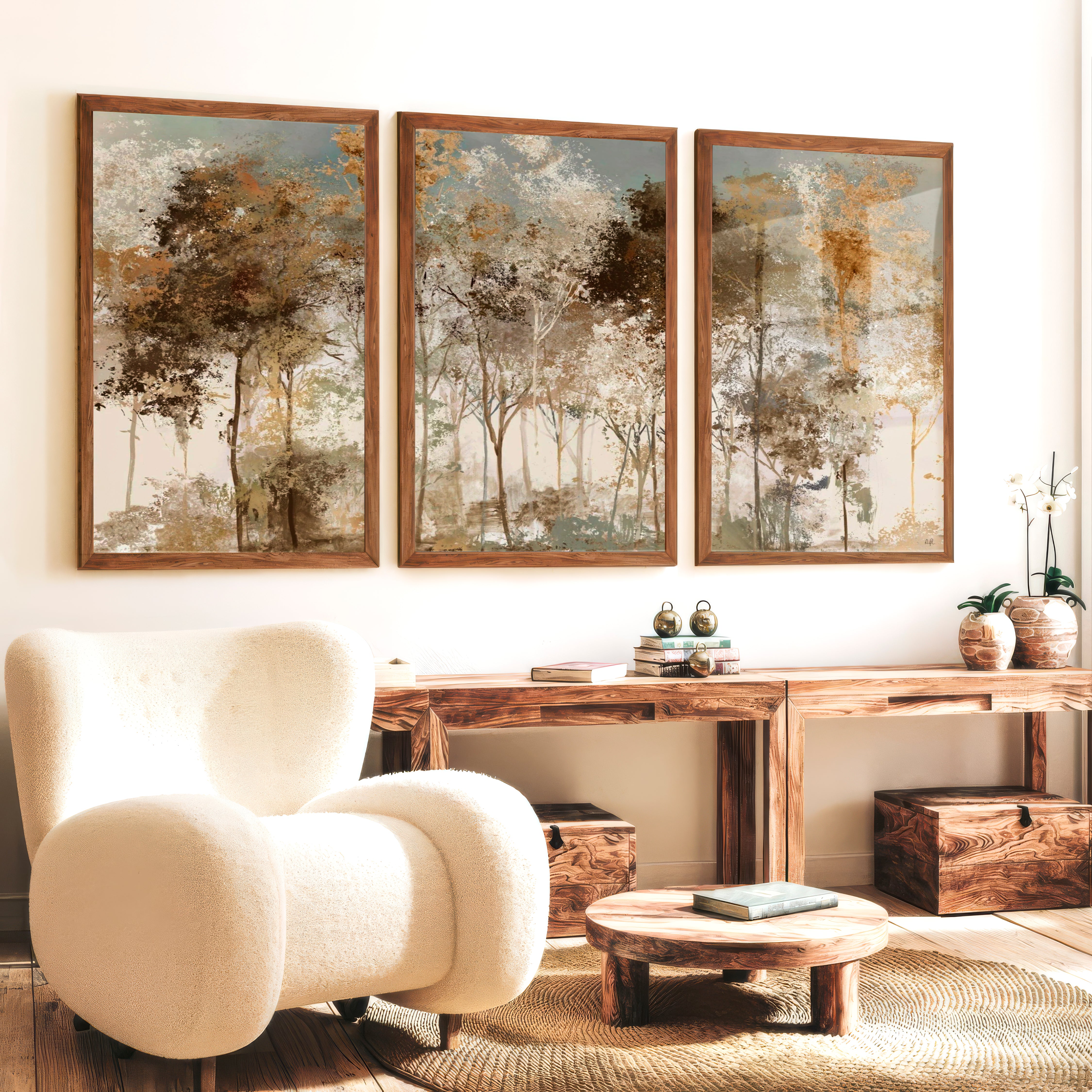 Forest Abstract Painting – Neutral Woodland Wall Art - Dark Brown Framed Poster No Border - Artworksets