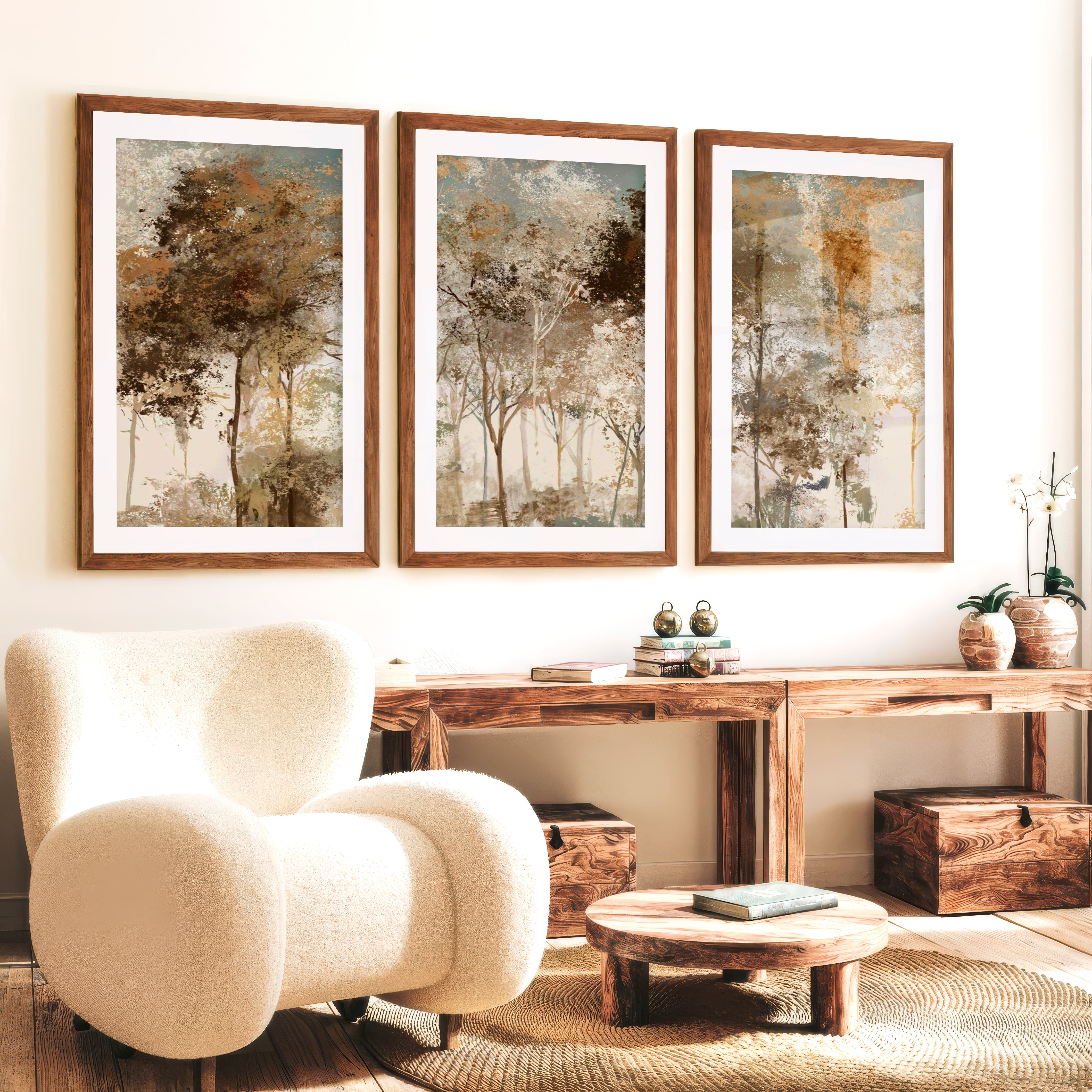 Forest Abstract Painting – Neutral Woodland Wall Art - Dark Brown Framed Poster with White Border - Artworksets