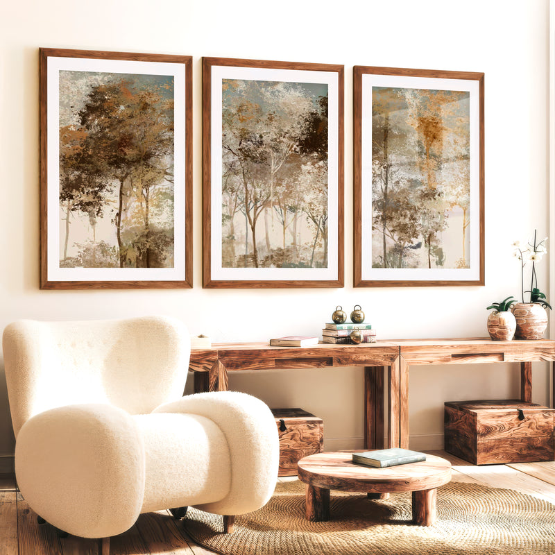 Forest Abstract Painting – Neutral Woodland Wall Art - Dark Brown Framed Poster with White Border - Artworksets