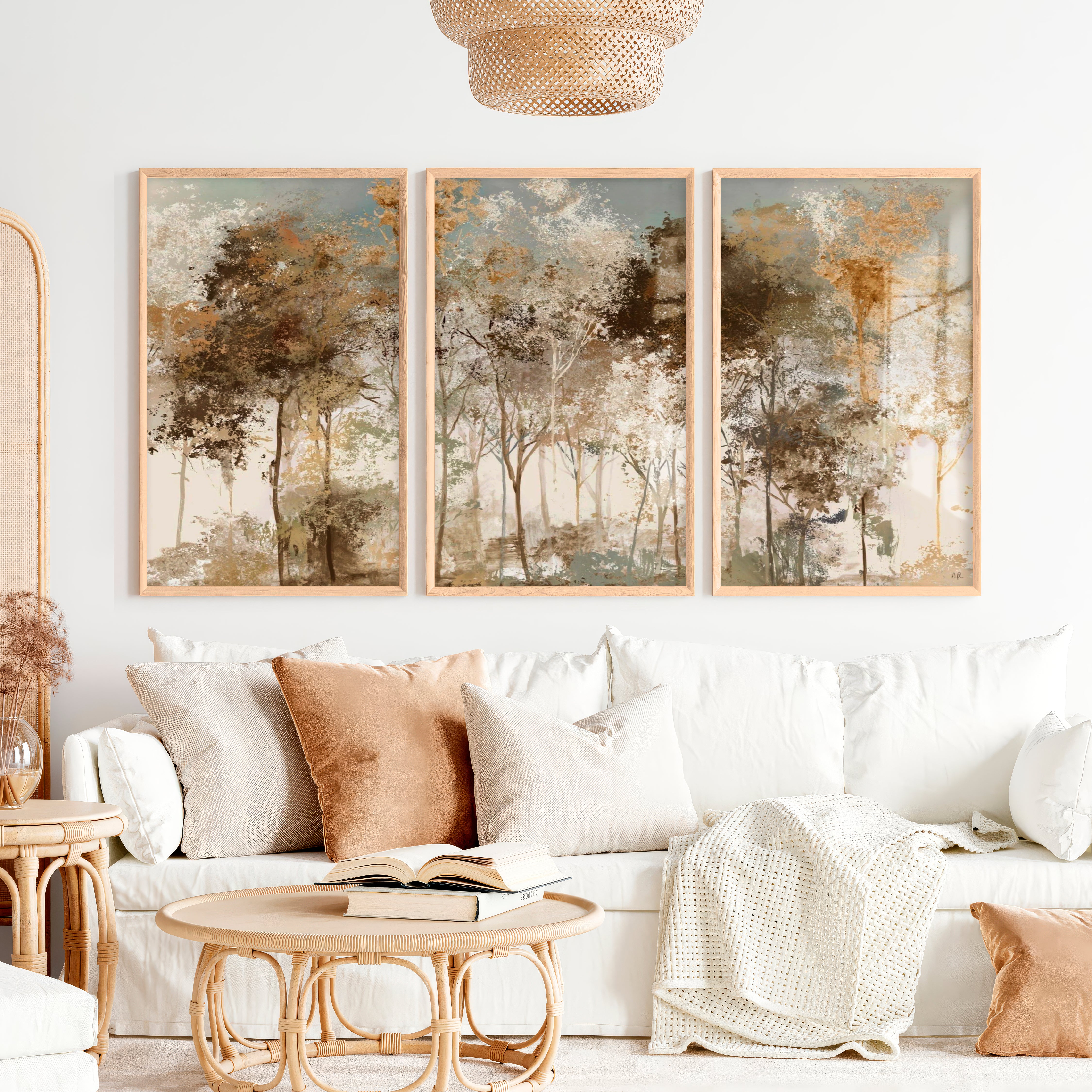 Forest Abstract Painting – Neutral Woodland Wall Art - Natural Wood Framed Poster No Border - Artworksets