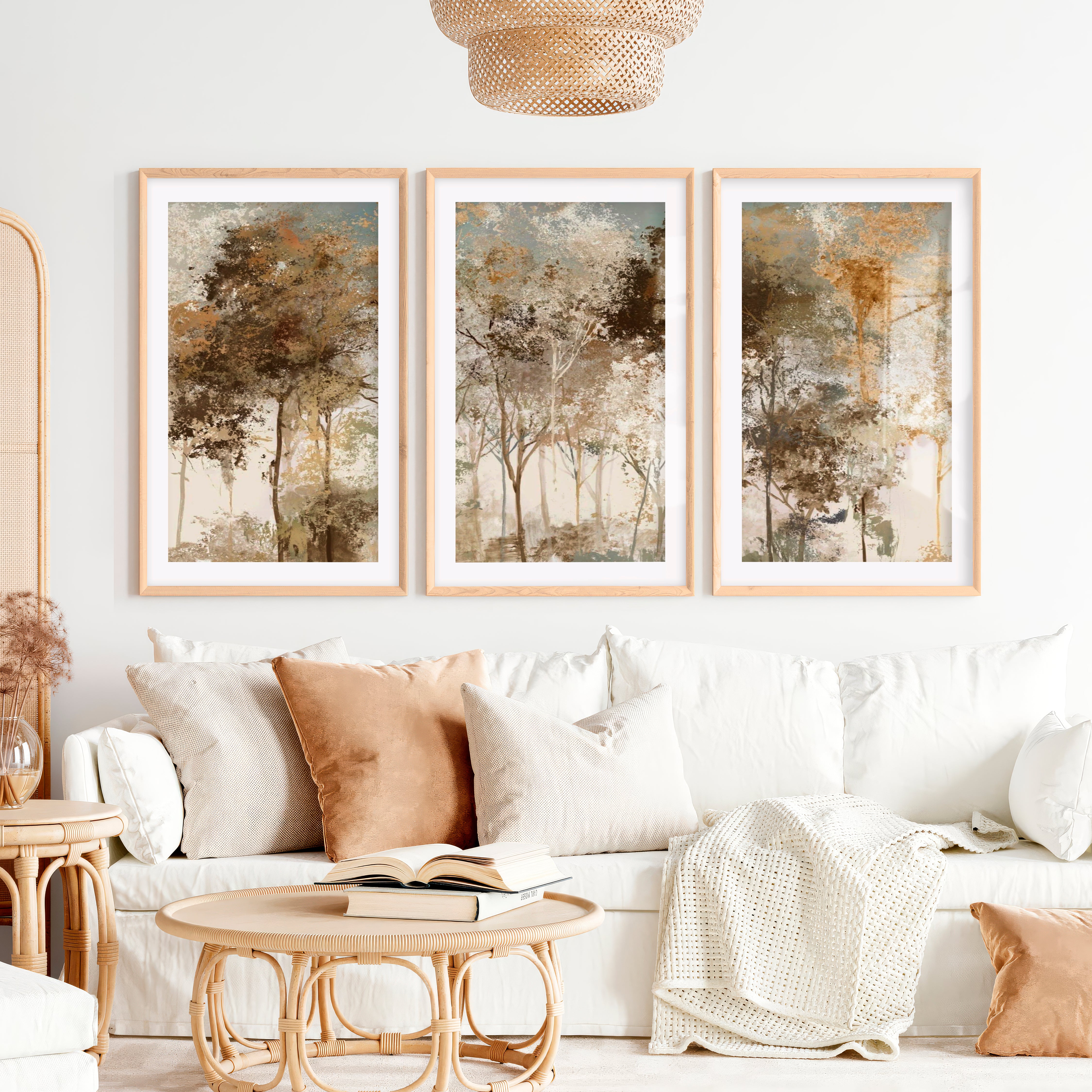 Forest Abstract Painting – Neutral Woodland Wall Art- Natural Wood Framed Poster with White Border - Artworksets