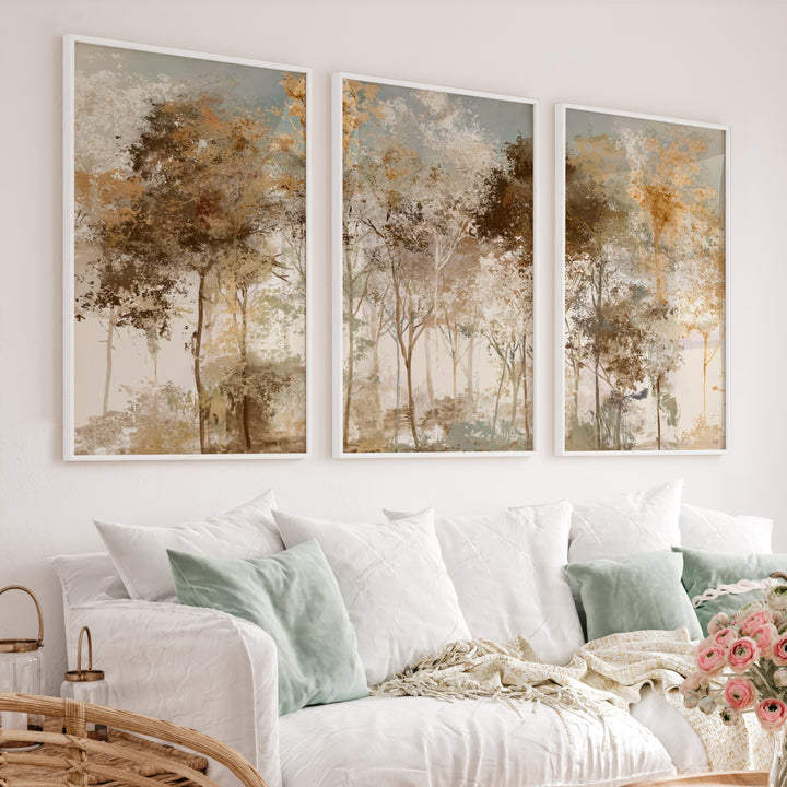 Forest Abstract Painting – Neutral Woodland Wall Art - White Framed Poster No Border - Artworksets