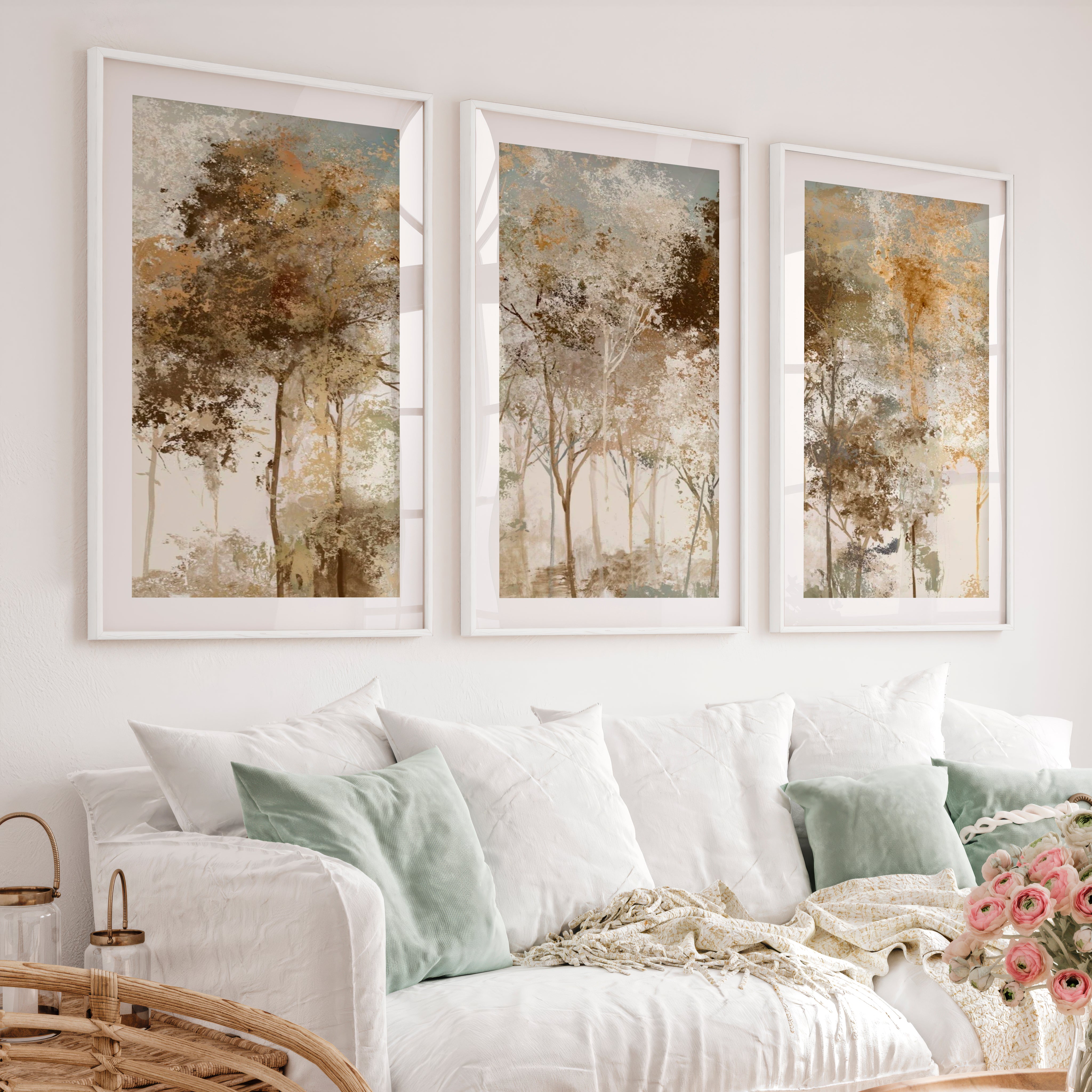 Forest Abstract Painting – Neutral Woodland Wall Art - White Framed Poster with White Border - Artworksets