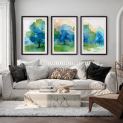 Forest Painting Abstract – Nature Wall Art Triptych - Black Framed Poster with White Border - Artworksets