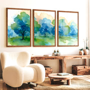 Forest Painting Abstract – Nature Wall Art Triptych - Dark Brown Framed Poster No Border - Artworksets
