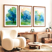 Forest Painting Abstract – Nature Wall Art Triptych - Dark Brown Framed Poster with White Border - Artworksets