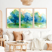 Forest Painting Abstract – Nature Wall Art Triptych - Natural Wood Framed Poster No Border - Artworksets