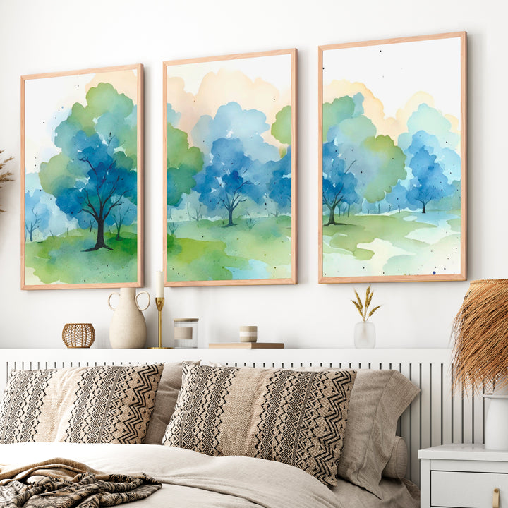 Forest Painting Abstract – Nature Wall Art Triptych - Natural Wood Framed Poster No Border - Artworksets