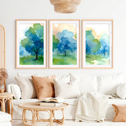 Forest Painting Abstract – Nature Wall Art Triptych- Natural Wood Framed Poster with White Border - Artworksets
