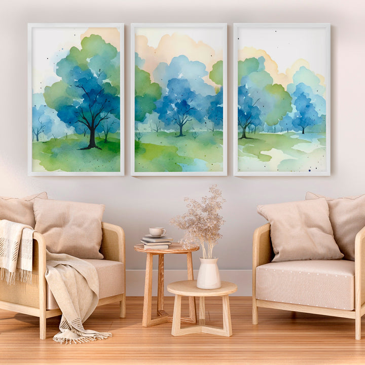 Forest Painting Abstract – Nature Wall Art Triptych - White Framed Poster No Border - Artworksets