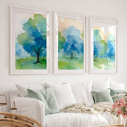 Forest Painting Abstract – Nature Wall Art Triptych - White Framed Poster with White Border - Artworksets