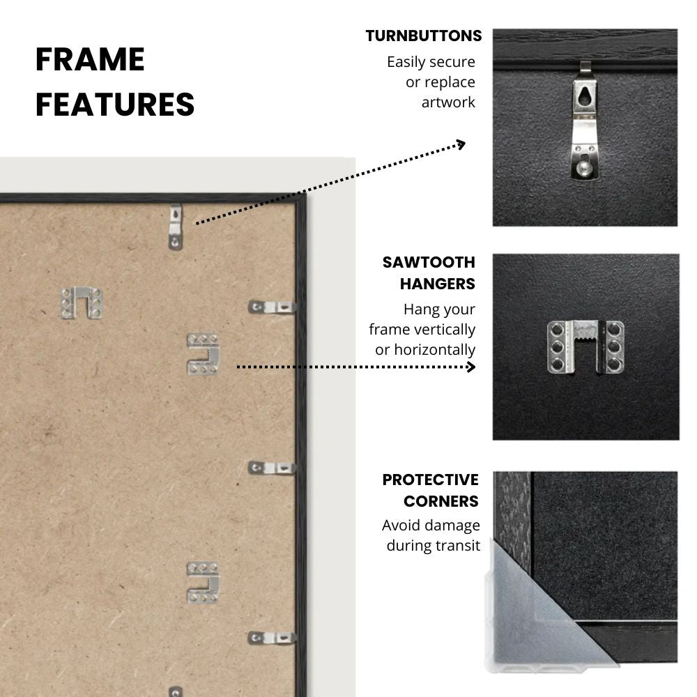 Print Sets Frames Features. Turnbuttons, Sawtooth Hangers, Protective Corners