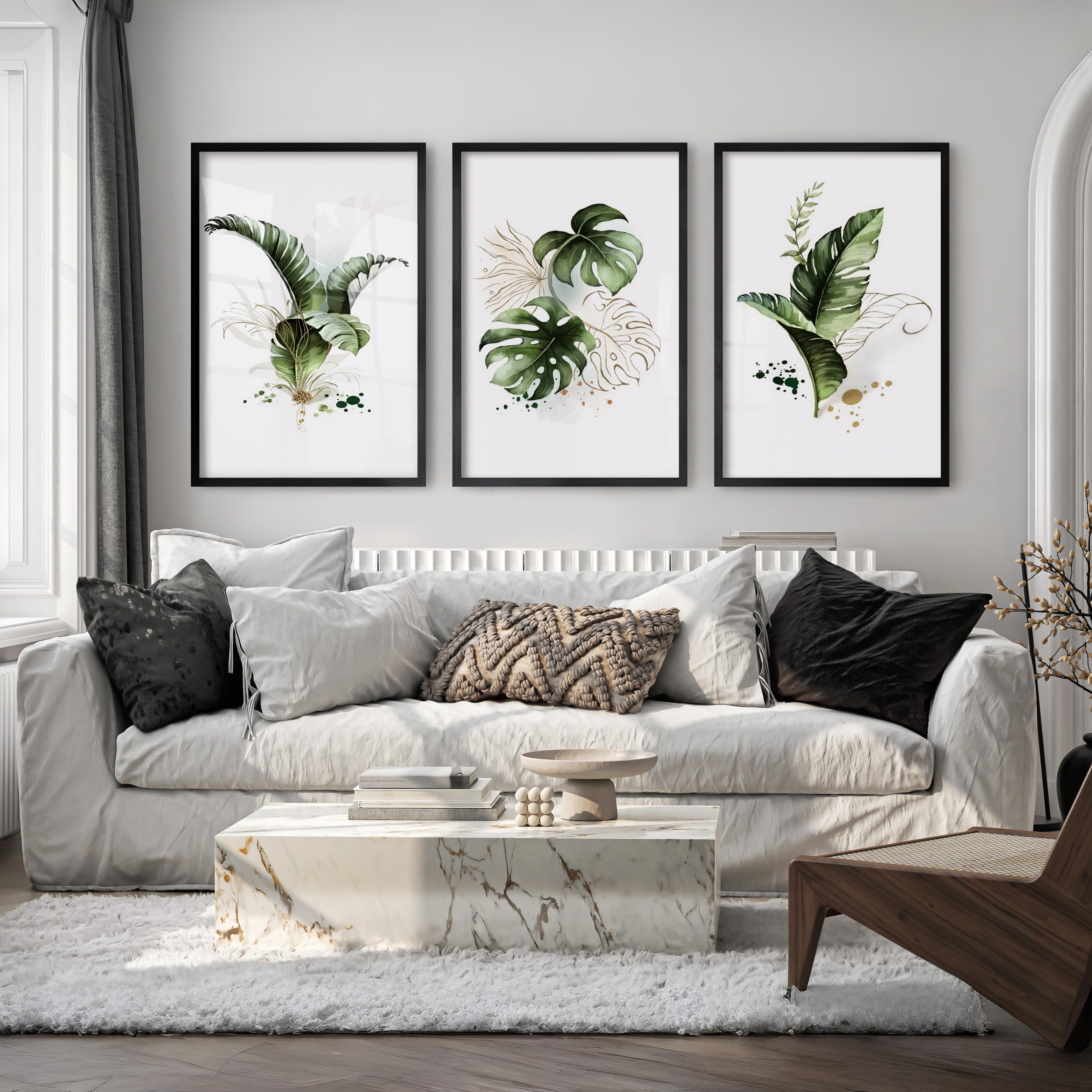 Framed Botanical Wall Art Green Monstera Leaf Set of 3 - Black Framed Poster No Border - Artworksets