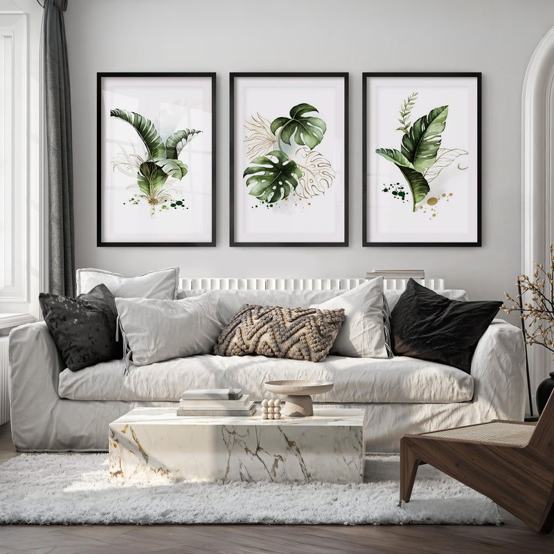 Framed Botanical Wall Art Green Monstera Leaf Set of 3 - Black Framed Poster with White Border - Artworksets